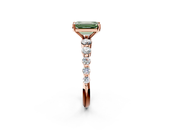 Rose gold Fancy Green Emerald Cut Solitaire Diamond Ring with Pave Band and Four-Prong Setting
