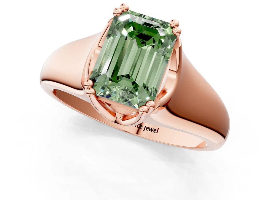Rose gold Fancy Green Emerald Cut Diamond Solitaire Ring with Wide Band and Prong Setting