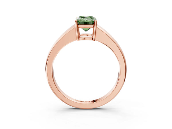 Rose gold Fancy Green Emerald  Solitaire Diamond Ring with Tapered Band and Four-Prong Setting