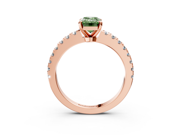 Rose gold Fancy Green Emerald  Solitaire Diamond with Pavé Band and Four-Prong Setting