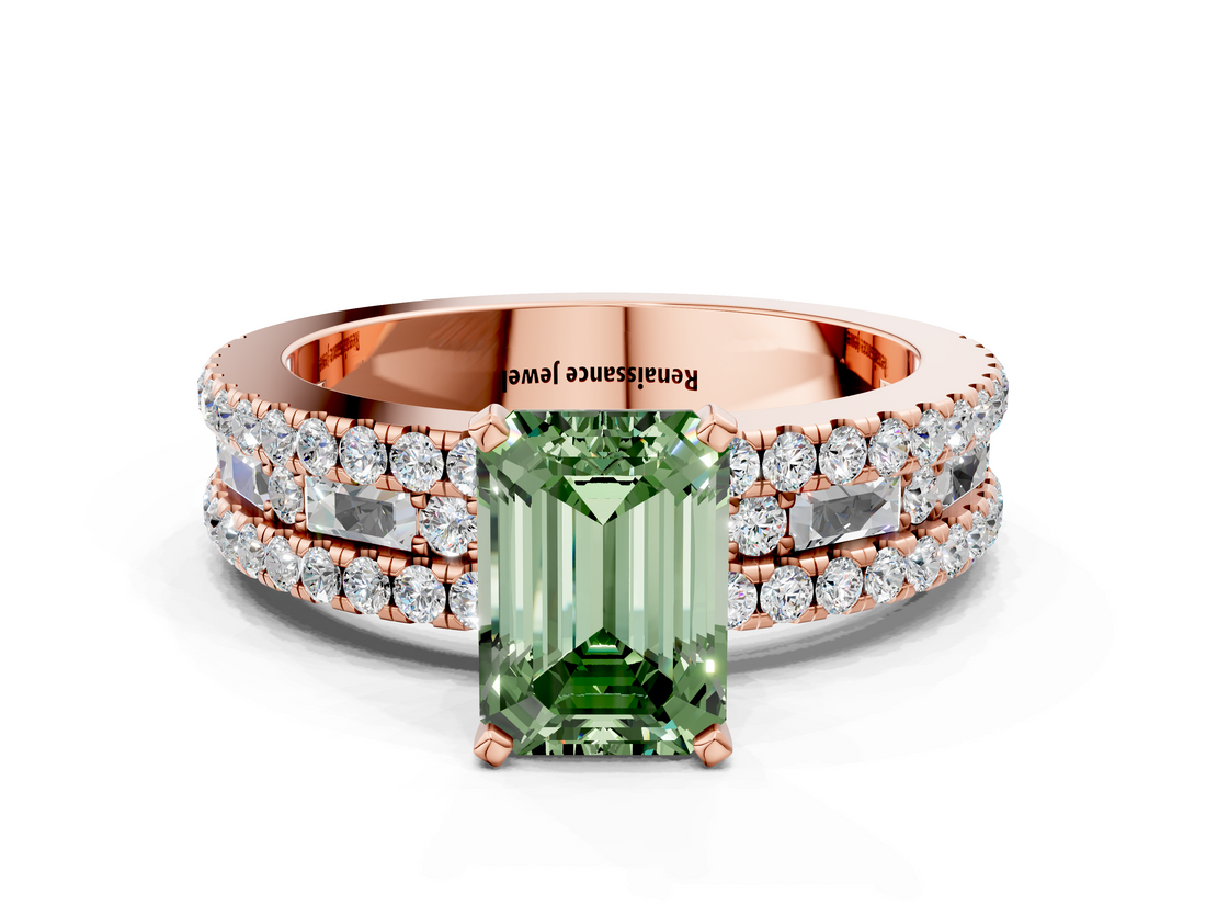 Rose gold Fancy Green Emerald  Solitaire Diamond with Pave and Channel Set Band_56