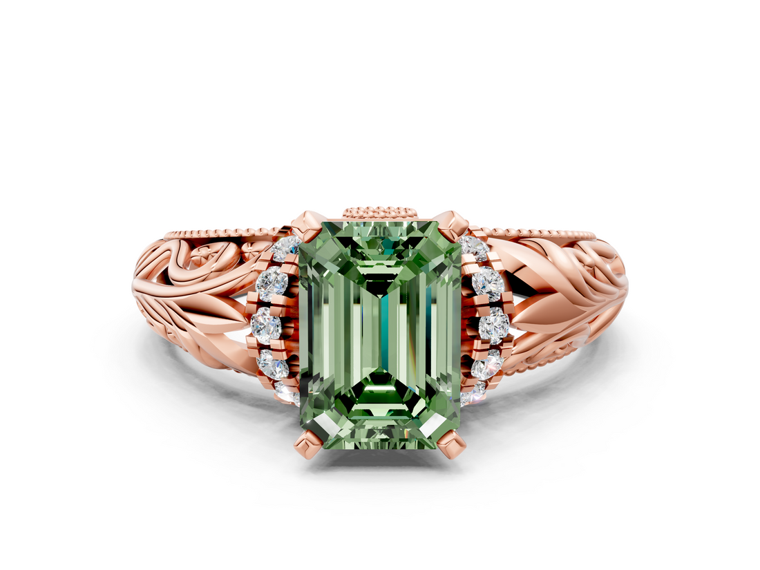 Rose gold Fancy Green Emerald  Solitaire Filigree Engagement Ring with Halo and Prong Setting_68