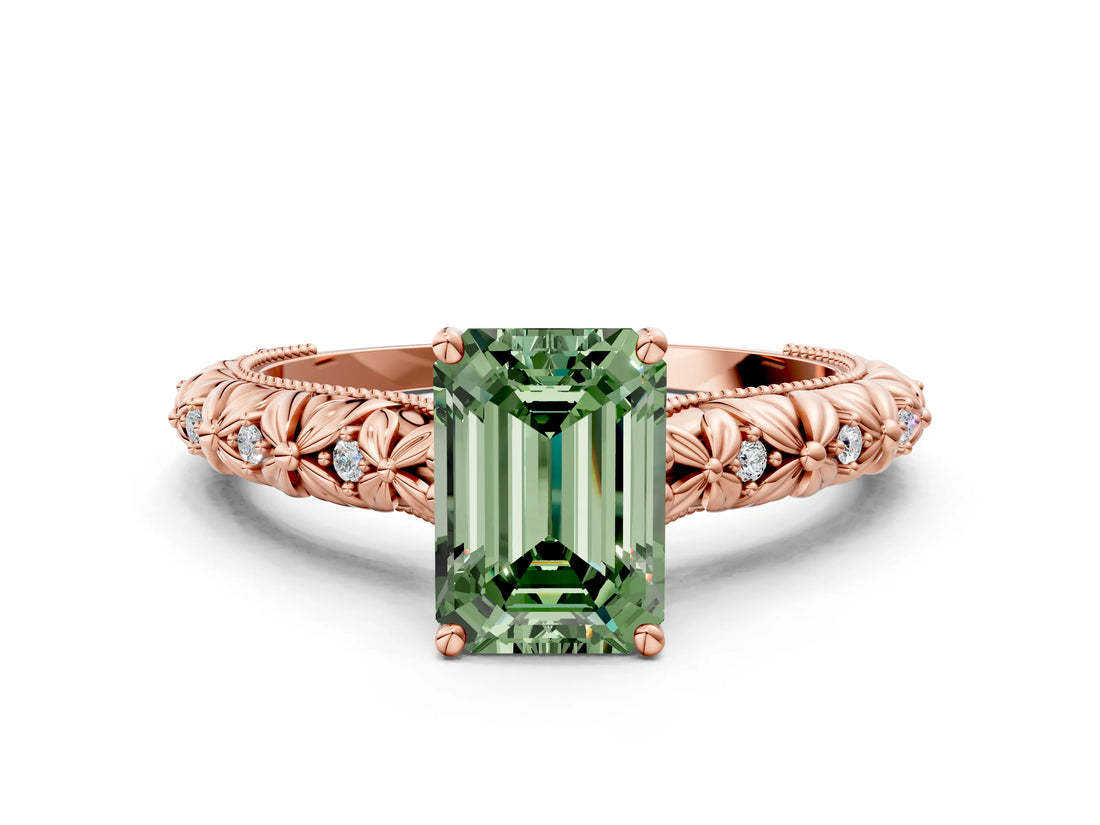 Rose gold Fancy Green Emerald  Solitaire Floral Milgrain Engagement Ring_31
