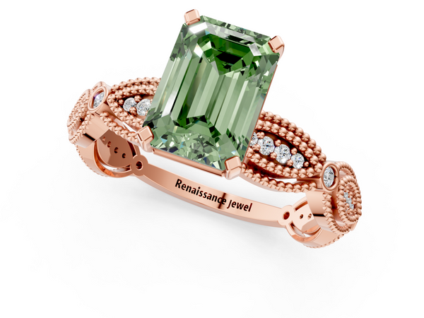 Rose gold Fancy Green Emerald  Solitaire Milgrain Diamond Engagement Ring with Bezel and Marquise Band