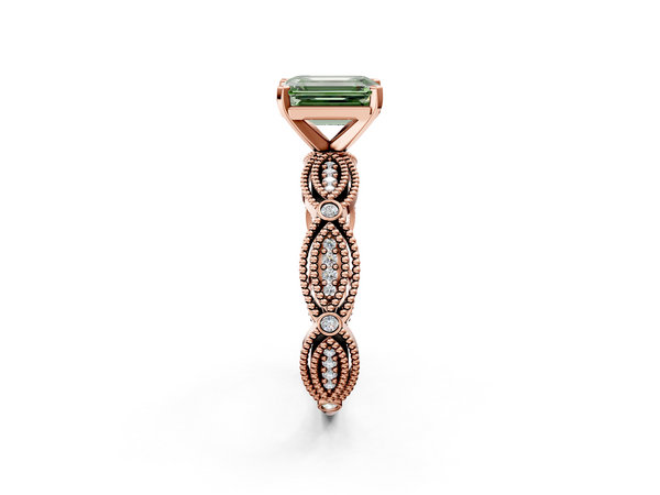 Rose gold Fancy Green Emerald  Solitaire Milgrain Diamond Engagement Ring with Bezel and Marquise Band