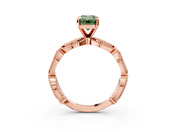 Rose gold Fancy Green Emerald  Solitaire Milgrain Diamond Engagement Ring with Bezel and Marquise Band