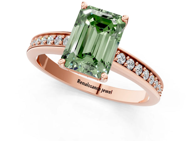 Rose gold Fancy Green Emerald  Solitaire Pavé Band Prong Setting Ring