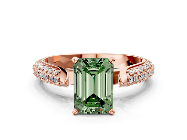Rose gold Fancy Green Emerald  Diamond Solitaire Engagement Ring with Pavé Band and Four-Prong Setting