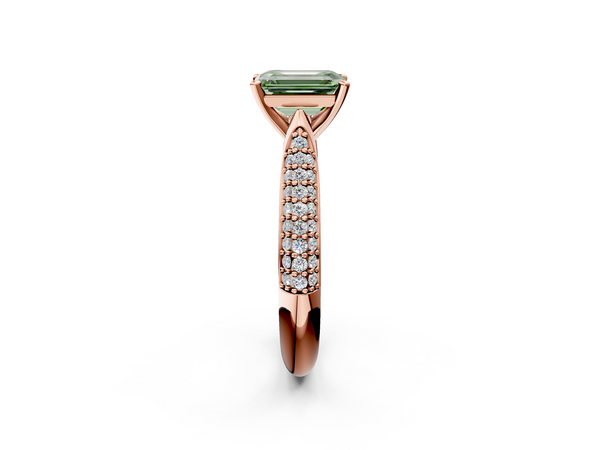 Rose gold Fancy Green Emerald  Diamond Solitaire Engagement Ring with Pavé Band and Four-Prong Setting