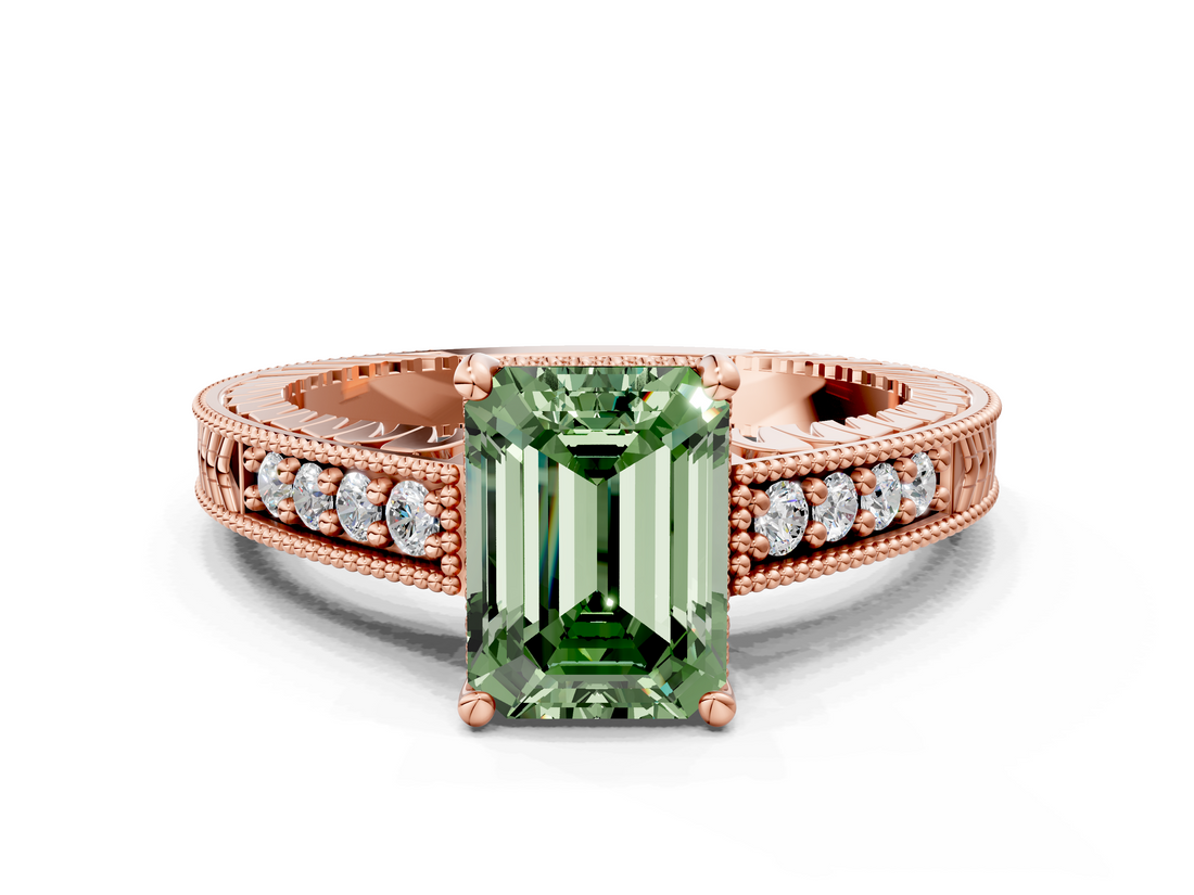 Rose gold Fancy Green Emerald  Solitaire Pavé Diamond Milgrain Engagement Ring with Four-Prong Setting_3