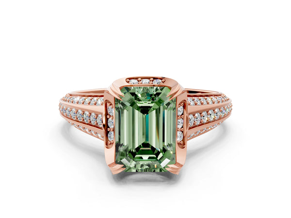 Rose gold Fancy Green Emerald  Solitaire Pave Split Shank Ring with Four-Prong Setting