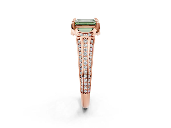 Rose gold Fancy Green Emerald  Solitaire Pave Split Shank Ring with Four-Prong Setting