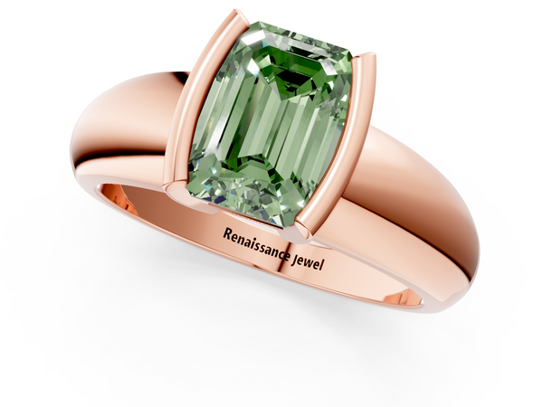 Rose gold Fancy Green Emerald  Solitaire Tension Set Diamond Ring with Wide Band
