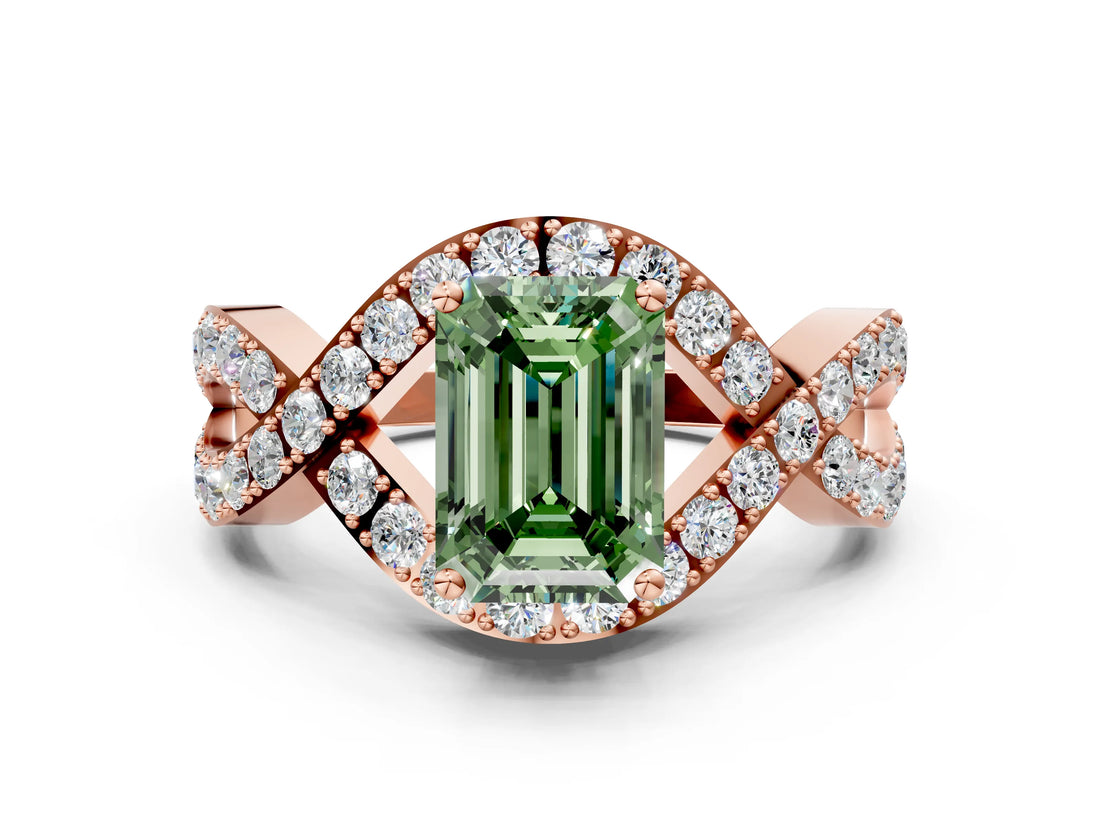 Rose gold Fancy Green Emerald  Solitaire Twist Band Pavé Diamond Engagement Ring_37