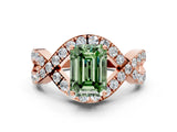 Rose gold Fancy Green Emerald  Solitaire Twist Band Pavé Diamond Engagement Ring_37