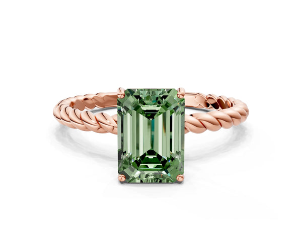 Rose gold Fancy Green Emerald  Solitaire Twist Band Ring with Four-Prong Setting