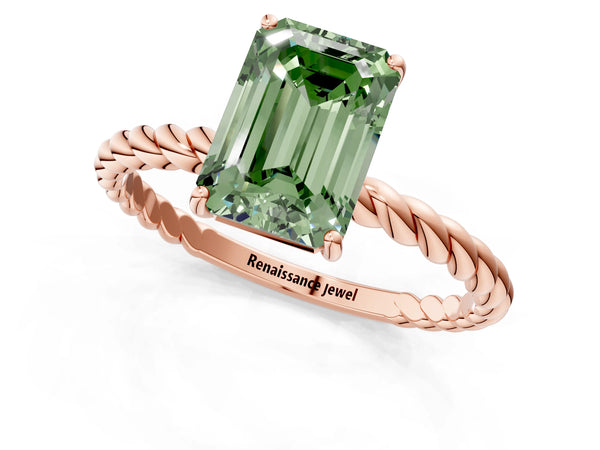 Rose gold Fancy Green Emerald  Solitaire Twist Band Ring with Four-Prong Setting