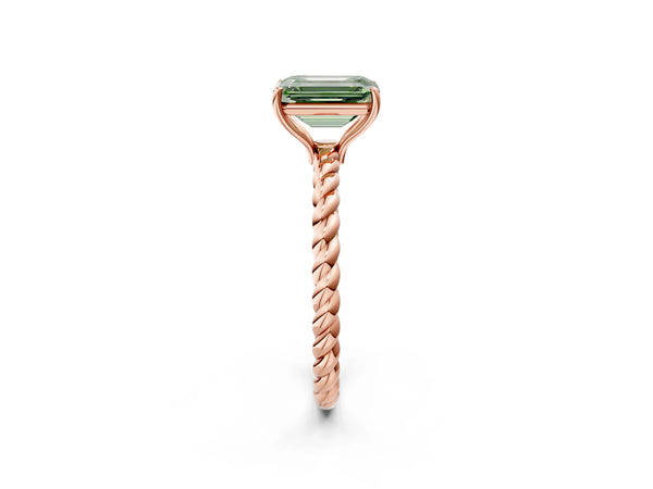 Rose gold Fancy Green Emerald  Solitaire Twist Band Ring with Four-Prong Setting