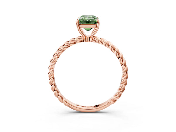 Rose gold Fancy Green Emerald  Solitaire Twist Band Ring with Four-Prong Setting