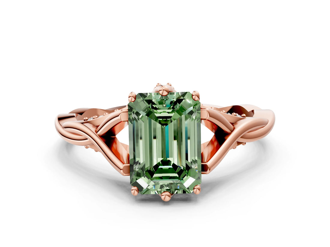 Rose gold Fancy Green Emerald  Solitaire Twist Band Six-Prong Setting 1