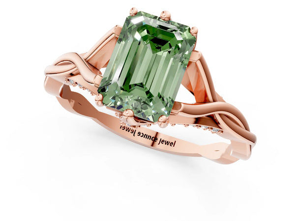 Rose gold Fancy Green Emerald  Solitaire Twist Band Six-Prong Setting