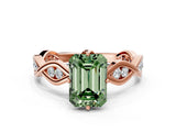 Rose gold Fancy Green Emerald  Solitaire Twist Band with Leaf Prong Setting 1