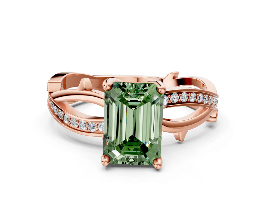 Rose gold Fancy Green Emerald  Solitaire Twist Band with Pavé Accents and Four-Prong Setting_20