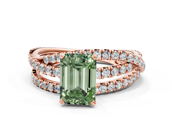 Rose gold Fancy Green Emerald  Solitaire Twist Band with Pavé Setting and Four-Prong Setting