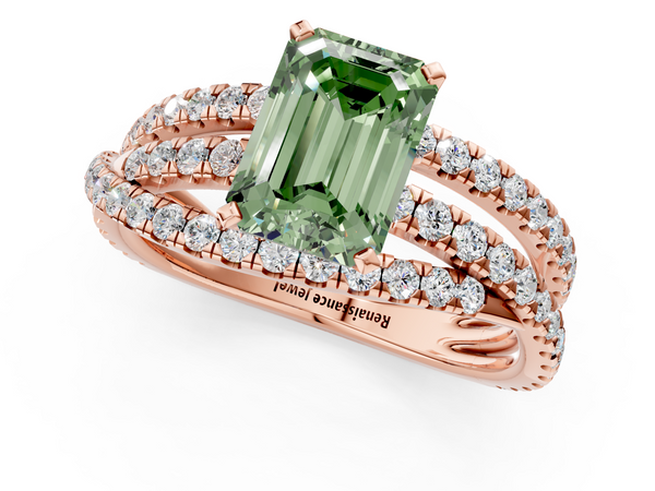 Rose gold Fancy Green Emerald  Solitaire Twist Band with Pavé Setting and Four-Prong Setting