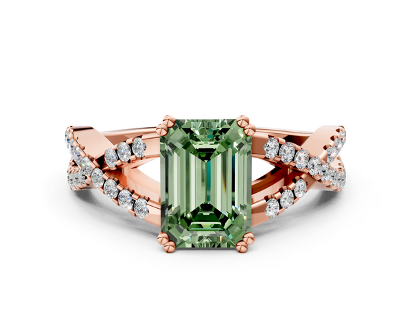 Rose gold Fancy Green Emerald Cut Diamond Solitaire Ring with Four-Prong Setting and Twisted Pavé Band