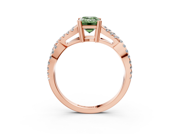 Rose gold Fancy Green Emerald Cut Diamond Solitaire Ring with Four-Prong Setting and Twisted Pavé Band