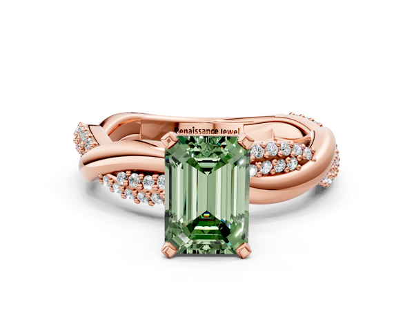 Rose gold Fancy Green Emerald  Solitaire Twist Band with Pave Prong Setting