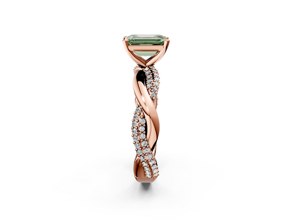 Rose gold Fancy Green Emerald  Solitaire Twist Band with Pave Prong Setting