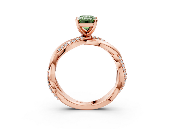 Rose gold Fancy Green Emerald  Solitaire Twist Band with Pave Prong Setting