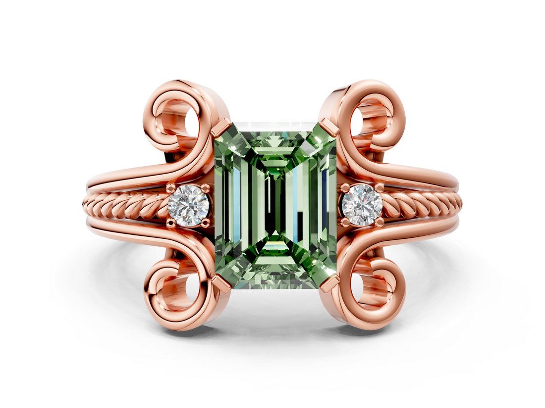 Rose gold Fancy Green Emerald  Solitaire Twisted Band Scroll Prong Ring_20
