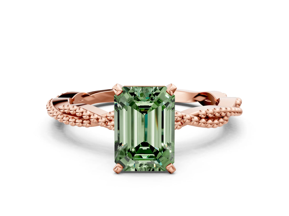 Rose gold Fancy Green Emerald  Solitaire Twisted Band with Bead Prong Setting_296
