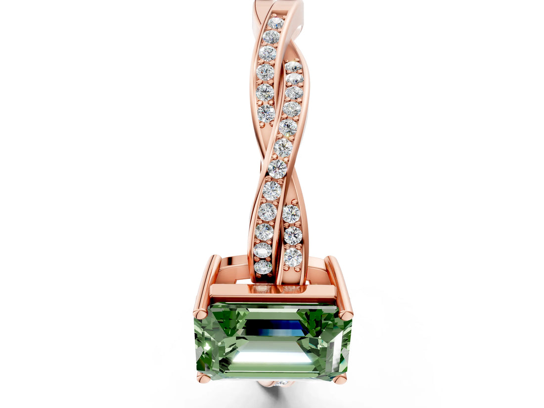 Rose gold Fancy Green Emerald  Solitaire Twisted Pave Diamond Ring with Four-Prong Setting_12