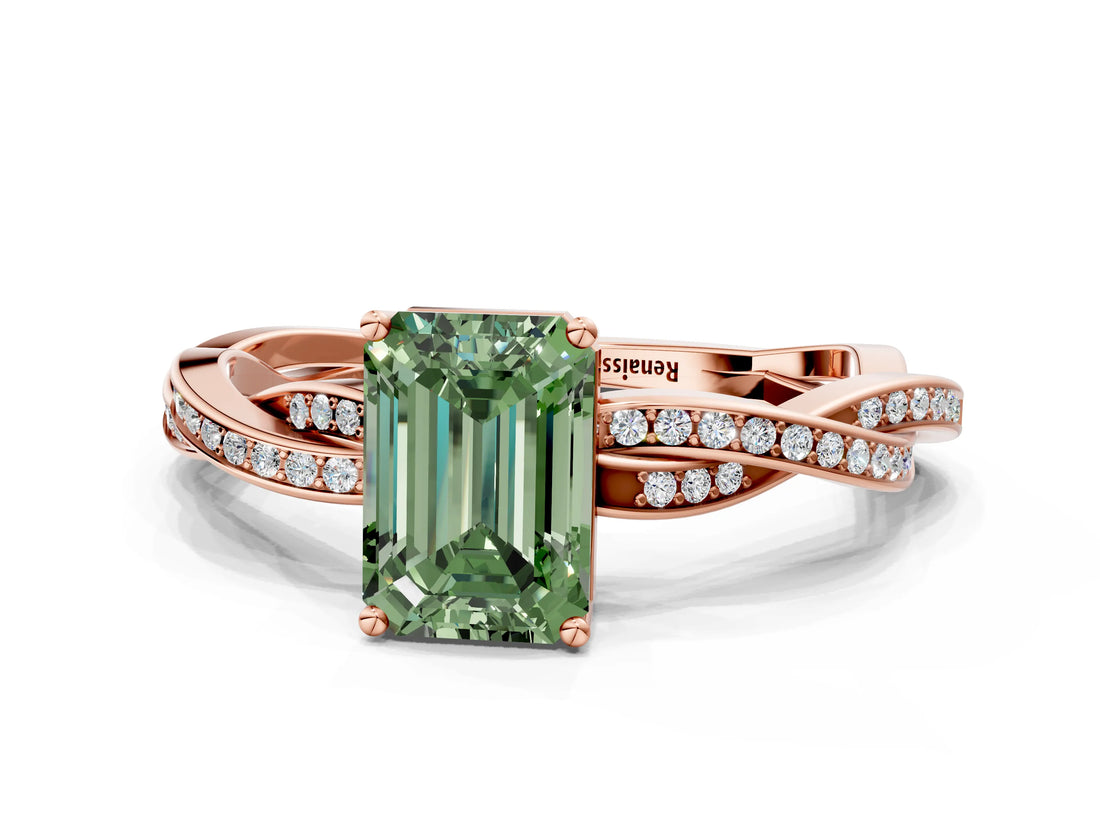 Rose gold Fancy Green Emerald  Solitaire Twisted Pave Diamond Ring with Four-Prong Setting_80