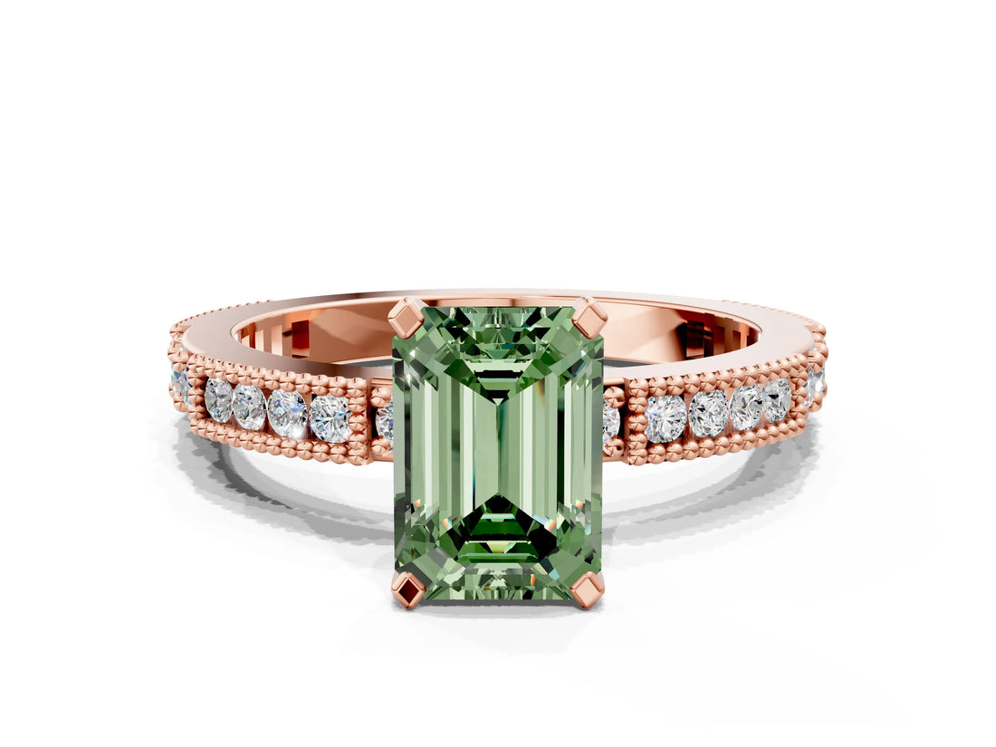 Rose gold Fancy Green Emerald  Solitaire with Pavé Band and Four-Prong Setting_319