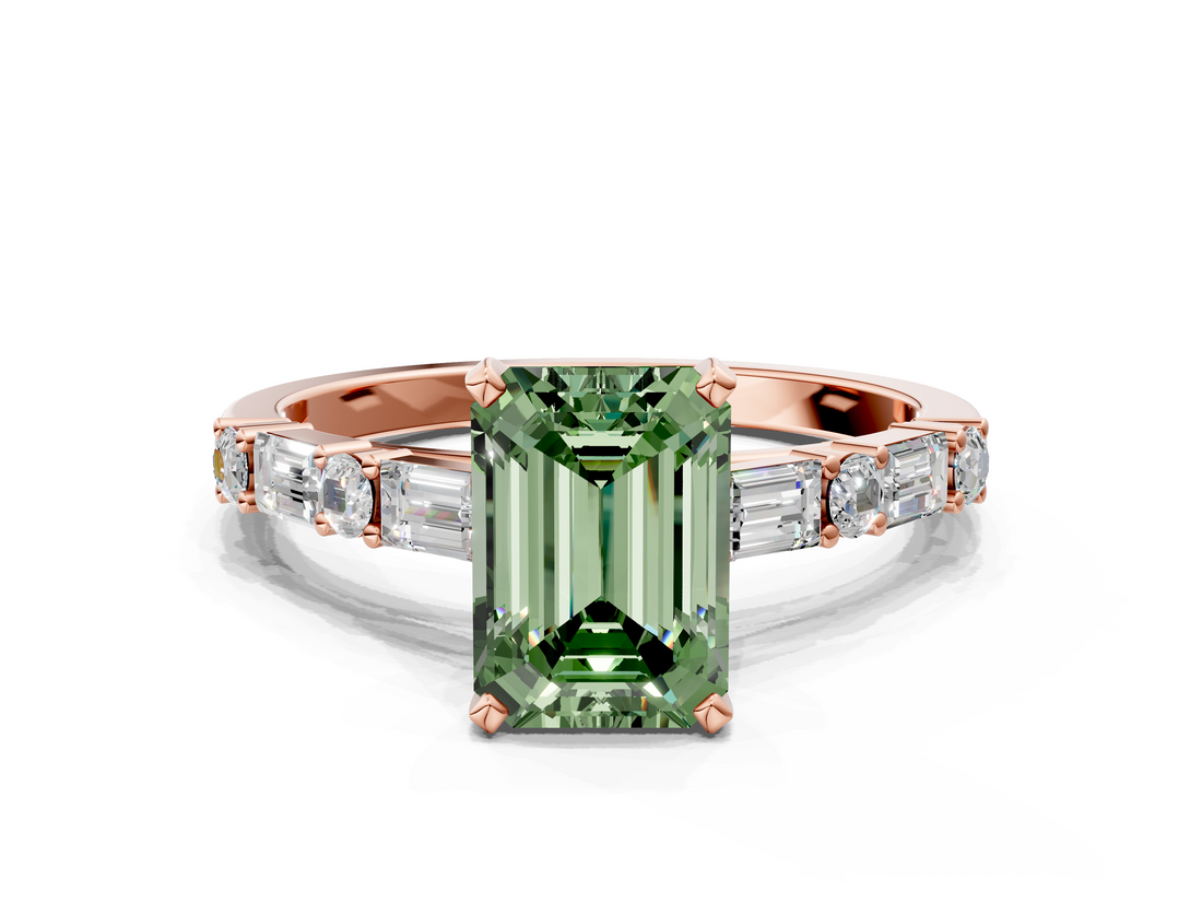 Rose gold Fancy Green Emerald  Solitaire with Side Baguettes and Channel Set Band_45