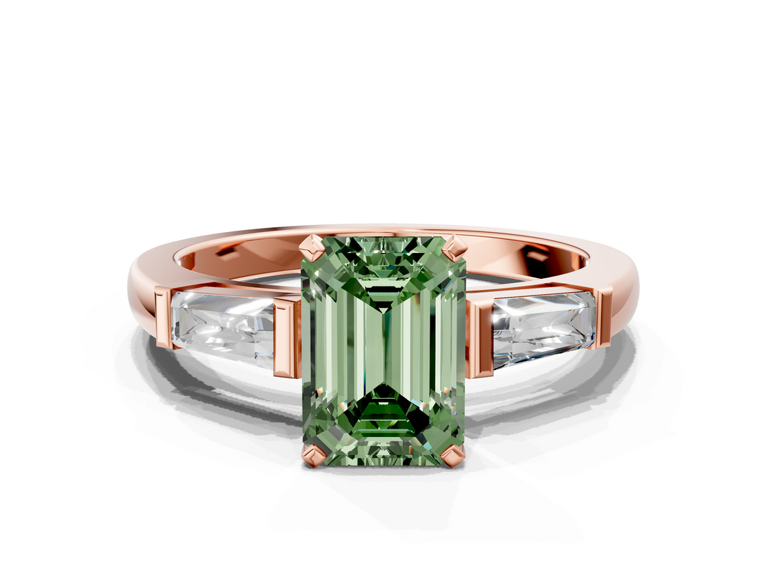 Rose gold Fancy Green Emerald  Solitaire with Tapered Baguette Side Stones on a Classic Band with Four-Prong Setting_103