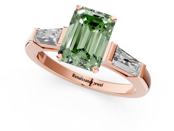 Rose gold Fancy Green Emerald  Solitaire with Tapered Baguette Side Stones on a Classic Band with Four-Prong Setting