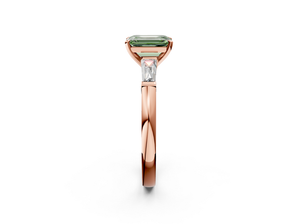 Rose gold Fancy Green Emerald  Solitaire with Tapered Baguette Side Stones on a Classic Band with Four-Prong Setting