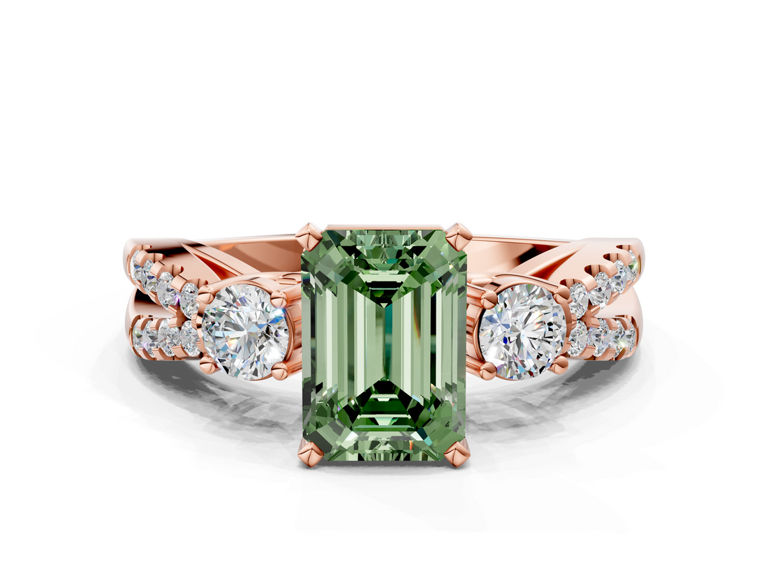 Rose gold Fancy Green Emerald  Three-Stone Diamond Ring with Pavé Split Shank and Four-Prong Setting_69