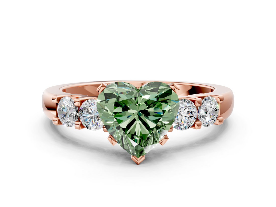 Rose gold Fancy Green Heart  Brilliant Cut Diamond Five-Stone Prong Set Engagement Ring with Channel Band