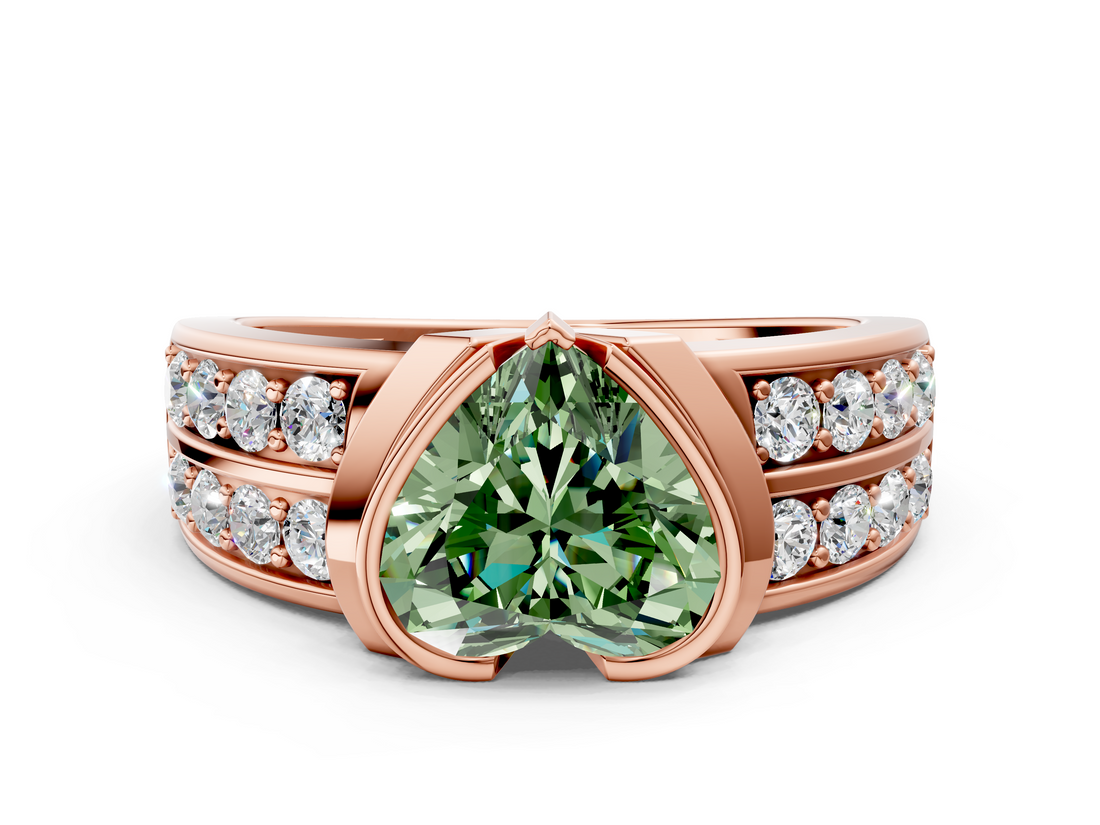 Rose gold Fancy Green Heart  Brilliant Diamond Channel Set Wide Band Ring with Bezel Setting