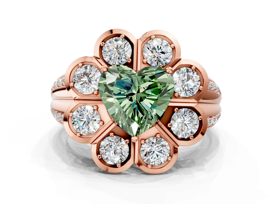 Rose gold Fancy Green Heart  Brilliant Flower Halo Diamond Split Shank Ring_135