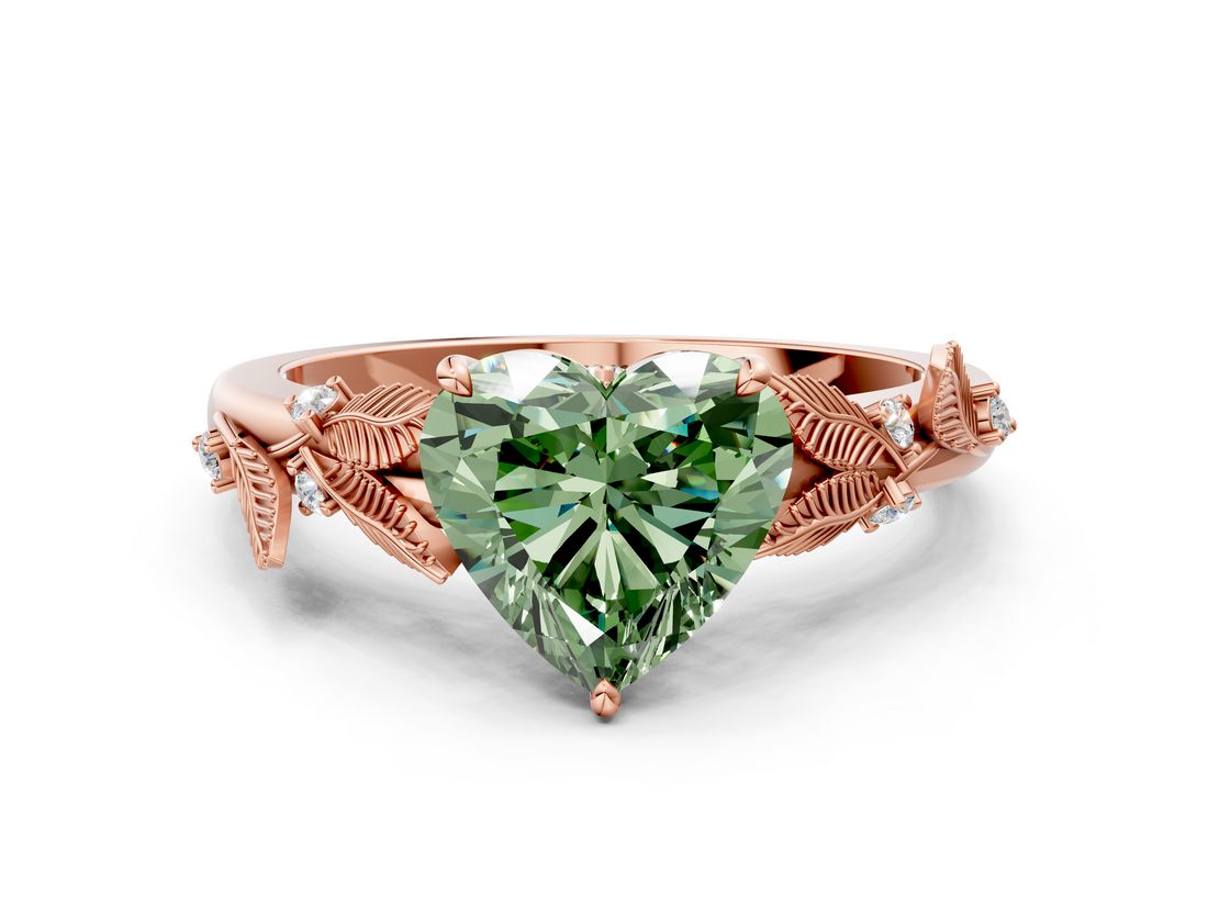 Rose gold Fancy Green Heart  Brilliant Solitaire with Leaf Motif Band and Four-Prong Setting_35