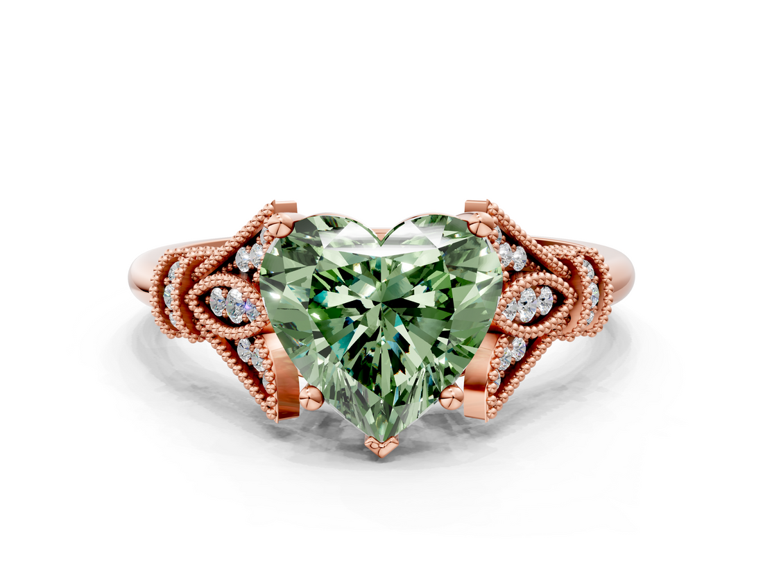 Rose gold Fancy Green Heart  Brilliant Solitaire with Pave Band and Four-Prong Setting