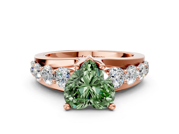 Rose gold Fancy Green Heart  Brilliant Solitaire with Side Stones on a Pave Band and Four-Prong Setting